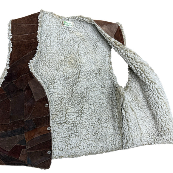Western Cowboy VTG Sherpa Shearling Brown Patchwork Suede Leather Vest Size S/M - Picture 7 of 8